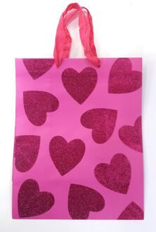 17-11 Пакет для подарков розовый с блестящими сердцами 19,5х24,5см